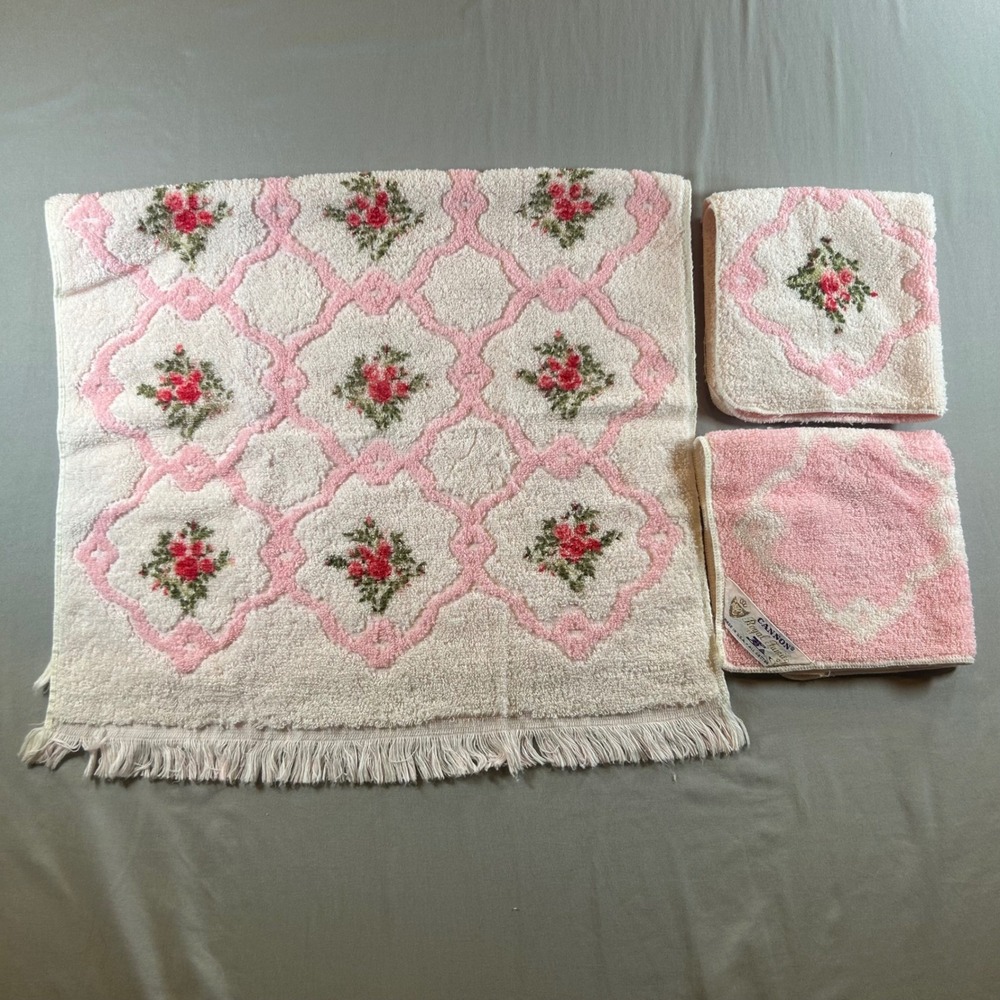 Vintage Cannon Royal Family Pink Rose Floral Towel Set Cotton Fringed 3pc USA